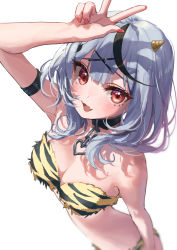 Rule 34 | 1girl, animal print, arm strap, bare shoulders, bikini, black hair, blunt bangs, breasts, cleavage, collar, cone horns, cosplay, fang, hair ornament, hand up, heart collar, highres, hololive, horns, large breasts, looking at viewer, lum, lum (cosplay), medium hair, misekiss, multicolored hair, nail polish, open mouth, red eyes, red nails, sakamata chloe, silver hair, simple background, skin fang, solo, strapless, strapless bikini, streaked hair, swimsuit, tiger print, urusei yatsura, virtual youtuber, white background, x hair ornament, yellow bikini