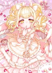 Rule 34 | 1girl, angel wings, arm ribbon, blonde hair, blush, bow, bowl, candy, criss-cross halter, dress, feathered wings, finger to mouth, food, frilled dress, frills, gem, hair bow, half-closed eyes, halterneck, highres, index finger raised, kneeling, macaron, multiple hair bows, original, pearl (gemstone), plate, ribbon, short hair, sleeveless, sleeveless dress, bow legwear, socks, solo, twintails, wavy hair, wings, wrist cuffs, yellow eyes, yukiririn