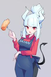 Rule 34 | 1girl, absurdres, alternate hairstyle, apron, black apron, black pants, blunt bangs, breasts, character name, collared shirt, demon girl, demon horns, demon tail, food, fork, goat king, hair up, helltaker, highres, holding, holding fork, horns, large breasts, long hair, long sleeves, looking at viewer, lucifer (helltaker), no mole, open mouth, pancake, pants, red eyes, red shirt, shirt, simple background, solo, tail, white hair, white horns