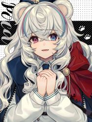 Rule 34 | 1girl, animal ears, arknights, bear ears, blue cape, blue eyes, blue hair, blue hat, blue neckwear, blush, bow, cape, collared shirt, commentary request, grey hair, hair between eyes, hands up, hat, heterochromia, highres, karokuchitose, long hair, long sleeves, looking at viewer, multicolored hair, nail polish, own hands together, parted lips, pink hair, pink nails, puffy long sleeves, puffy sleeves, red bow, red eyes, rosa (arknights), shirt, smile, solo, streaked hair, upper body, white shirt