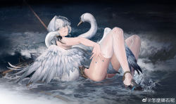 Rule 34 | 1girl, absurdres, bird, black footwear, blue nails, from side, full body, grey eyes, gtcpst, hair intakes, highres, knees up, long hair, looking at viewer, lying, nail polish, ocean, on back, original, parted lips, shoes, single thighhigh, solo, thighhighs, water, white hair, white thighhighs