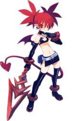 Rule 34 | boots, demon girl, disgaea, etna (disgaea), flat chest, gloves, harada takehito, midriff, miniskirt, official art, skirt, thighhighs, transparent background, twintails, weapon
