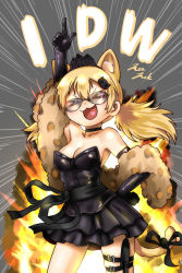Rule 34 | &gt; &lt;, 1girl, :3, animal ear fluff, animal ears, bare shoulders, black dress, black gloves, black ribbon, black skirt, blonde hair, blush, breasts, cat ears, cat tail, character name, choker, cleavage, closed eyes, commentary, cowboy shot, dress, elbow gloves, emphasis lines, explosion, fang, girls&#039; frontline, gloves, hair between eyes, hair ornament, hand on own hip, heart, heart in mouth, idw (cat in the box) (girls&#039; frontline), idw (girls&#039; frontline), index finger raised, jazz jack, low twintails, official alternate costume, open mouth, pointing, pointing up, ribbon, skirt, solo, stole, strapless, strapless dress, sunglasses, tail, tail ornament, tail ribbon, thigh strap, tiara, twintails