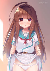 Rule 34 | 1girl, absurdres, ahoge, anchor symbol, belt, blush, brown eyes, brown hair, clothes lift, commentary request, cowboy shot, gluteal fold, hair between eyes, hair intakes, highres, holding, huge ahoge, kantai collection, ko yu, kuma (kancolle), lifting own clothes, long hair, looking at viewer, neckerchief, open mouth, panties, red neckerchief, sailor collar, school uniform, serafuku, shirt, short sleeves, skindentation, skirt, skirt lift, solo, standing, twitter username, underwear, very long hair, white panties