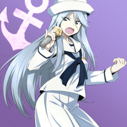 Rule 34 | 10s, 1girl, anchor print, black neckerchief, blouse, blue background, commentary request, cowboy shot, dixie cup hat, eyes visible through hair, flint (girls und panzer), girls und panzer, grey eyes, grey hair, hair between eyes, hat, holding, long hair, long skirt, long sleeves, looking at viewer, microphone, military hat, music, nakahira guy, neckerchief, open mouth, pinky out, pleated skirt, sailor, sailor collar, shirt, singing, skirt, solo, standing, white hat, white shirt