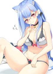 Rule 34 | animal ear fluff, animal ears, bell, black bra, black choker, black panties, blue hair, blush, bra, breasts, cat ears, cat tail, choker, cleavage, closed mouth, unworn clothes, collarbone, commentary, cowboy shot, finger to mouth, frilled bra, frilled panties, frills, glasses, hair ornament, hairclip, heart, heart hair ornament, highres, igayan, index finger raised, jingle bell, knee up, large breasts, long hair, looking at viewer, navel, neck bell, over-rim eyewear, panties, plivyou, red-framed eyewear, red eyes, semi-rimless eyewear, shikai yue, simple background, sitting, solo, tail, underwear, virtual youtuber, white background