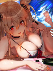 Rule 34 | 1girl, ahoge, alternate costume, barefoot, beach mat, beach towel, blush, bottle, breasts, cleavage, cloud, day, eyelashes, feet, foot up, hair flaps, hair ribbon, heterochromia, kantai collection, large breasts, light brown hair, long hair, looking at viewer, lying, murasame (kancolle), open mouth, outdoors, ribbon, signature, sky, solo, swimsuit, towel, two side up, youmou usagi