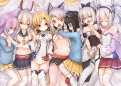Rule 34 | 6+girls, :&gt;, :o, ahoge, animal ears, apron, ayanami (azur lane), azur lane, bare shoulders, bed sheet, bell, belt, belt buckle, black bow, black hair, black shirt, black skirt, blonde hair, blue eyes, blue nails, blue shirt, blue skirt, bow, braid, breasts, buckle, cat ears, closed eyes, closed mouth, clothes lift, commentary request, eldridge (azur lane), garter straps, girl sandwich, green eyes, hachachi, hair between eyes, hair bow, hairband, hammann (azur lane), hat, headgear, high ponytail, highres, holding another&#039;s wrist, jacket, jingle bell, kindergarten uniform, kisaragi (azur lane), laffey (azur lane), lifting another&#039;s clothes, long hair, long sleeves, looking at viewer, low twintails, lying, medium breasts, multicolored nails, multiple girls, mutsuki (azur lane), nail polish, navel, on back, on side, open mouth, parted lips, pink eyes, pink hair, pink jacket, pink nails, pleated skirt, ponytail, puffy short sleeves, puffy sleeves, purple nails, rabbit ears, red belt, red bow, red eyes, red hairband, red nails, red skirt, remodel (azur lane), sailor collar, sandwiched, school hat, school uniform, serafuku, shirt, shirt lift, short sleeves, side braid, silver hair, skirt, skirt lift, small breasts, socks, strapless, thighhighs, twintails, unworn hat, unworn headwear, very long hair, waist apron, white apron, white legwear, white sailor collar, white shirt, wide sleeves, yellow hat, yellow nails, yellow skirt, yuudachi (azur lane)