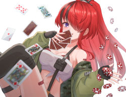 Rule 34 | 1girl, ;d, bandaid, bandaid on shoulder, bandeau, bare shoulders, black hair, black thighhighs, breasts, card, cleavage, devonrex, eyes visible through hair, green jacket, hair over one eye, highres, holding, holding card, jack (playing card), jack of diamonds, jacket, king (playing card), king of spades, lain paterson, lain paterson (1st costume), large breasts, long hair, looking at viewer, midriff, multicolored hair, navel, nijisanji, off shoulder, one eye closed, open clothes, open jacket, open mouth, poker chip, ponytail, purple eyes, queen (playing card), queen of hearts (playing card), red hair, simple background, sitting, smile, solo, stomach, strapless, streaked hair, suspenders, thigh strap, thighhighs, thighs, tube top, virtual youtuber, white background