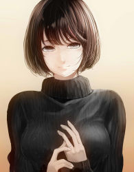 Rule 34 | 1girl, backlighting, black eyes, black hair, black sweater, bob cut, breasts, commentary request, eyelashes, highres, jewelry, large breasts, looking at viewer, original, ring, smile, solo, sweater, turtleneck, turtleneck sweater, upper body, wedding band, yuushin