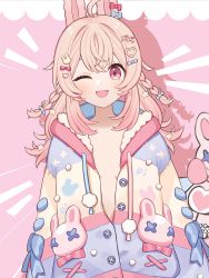 Rule 34 | 1girl, absurdres, animal ears, braid, flat chest, highres, jacket, long hair, no bra, one eye closed, open clothes, open jacket, phase connect, pink eyes, pink hair, pipkin pippa, rabbit ears, rabbit girl, senri (snr405), sweater, third-party edit, virtual youtuber, wink