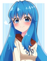 Rule 34 | 1girl, absurdres, blue eyes, blue hair, blue ribbon, blush, closed mouth, collared dress, commentary, dress, happinesscharge precure!, heart, highres, long hair, looking at viewer, mujin (mujinzairaisen), neck ribbon, pikarigaoka middle school uniform, portrait, precure, ribbon, school uniform, shirayuki hime, smile, solo, white dress