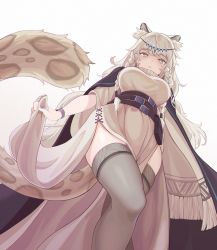 Rule 34 | 1girl, 7eddy, animal ear fluff, animal ears, arknights, breasts, cape, commentary request, grey eyes, grey thighhighs, large breasts, leopard ears, leopard girl, leopard tail, long hair, long tail, looking at viewer, looking down, pramanix (arknights), simple background, solo, tail, thighhighs, thighs, white background, white hair