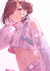 Rule 34 | 1girl, belt, brown hair, commentary request, crop top, hair ornament, hair ribbon, hairclip, highres, higuchi madoka, idolmaster, idolmaster shiny colors, looking at viewer, mitora nao, mole, mole under eye, navel, purple eyes, ribbon, short hair, sleeves past wrists, solo, white background, wind