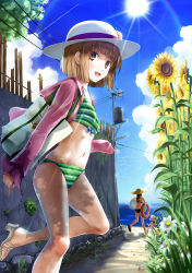 Rule 34 | 3girls, absurdres, bag, bikini, brown eyes, brown hair, day, diffraction spikes, flower, from side, highres, hood, hood down, hoodie, long sleeves, looking at viewer, looking to the side, multiple girls, navel, open mouth, original, outdoors, pointing, power lines, sandals, short hair, solo focus, striped bikini, striped clothes, sun, sunflower, swimsuit, yone