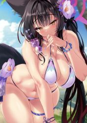 Rule 34 | 1girl, absurdres, animal ears, bikini, black hair, blue archive, blue sky, blush, bracelet, breasts, brown eyes, cle masahiro, cleavage, closed mouth, cloud, cloudy sky, curvy, day, hand up, highres, jewelry, large breasts, leaning forward, long hair, looking at viewer, navel, outdoors, scan, shiny skin, simple background, sky, smile, solo, stomach, swimsuit, tail, thigh strap, wakamo (blue archive), wakamo (swimsuit) (blue archive), wide hips