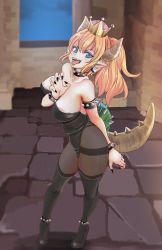 Rule 34 | 1girl, anklet, areola slip, armlet, aruman, bare shoulders, black footwear, black leotard, black nails, black pantyhose, blonde hair, blue eyes, blush, bowsette, bracelet, breasts, claw pose, collar, collarbone, crown, earrings, female focus, fingernails, full body, hair between eyes, hand up, high heels, highres, horns, indoors, jewelry, large breasts, leotard, looking at viewer, mario (series), nail polish, new super mario bros. u deluxe, nintendo, open mouth, pantyhose, pointy ears, ponytail, sharp teeth, shiny skin, shoes, smile, solo, spiked bracelet, spiked collar, spiked shell, spikes, standing, strapless, strapless leotard, super crown, tail, teeth, thighband pantyhose, thighhighs, tongue, tongue out, turtle shell, window