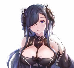 Rule 34 | 1girl, absurdres, august von parseval (azur lane), azur lane, bare shoulders, black dress, breasts, cleavage, cleavage cutout, clothing cutout, curled horns, dress, fangxingdeyinxue, gloves, hair over one eye, highres, horns, large breasts, long hair, looking at viewer, mechanical horns, purple eyes, purple hair, simple background, solo, teeth, upper body, white background, white gloves