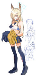 Rule 34 | 1boy, 3girls, alternate costume, animal ear fluff, animal ears, doodle sensei (blue archive), bare shoulders, black footwear, black skirt, black thighhighs, blonde hair, blue archive, breasts, chibi, chibi inset, cleavage, clenched teeth, crop top, detached collar, extra ears, fubuki (blue archive), hair over one eye, halo, holding, holding pom poms, kanna (blue archive), kirino (blue archive), kuronuma s, midriff, millennium cheerleader outfit (blue archive), miniskirt, multiple girls, notched ear, pom pom (cheerleading), pom poms, sensei (blue archive), shoes, skirt, small breasts, solo focus, standing, sweatdrop, teeth, thighhighs, white background
