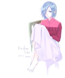 Rule 34 | 1girl, blue hair, chair, character name, closed mouth, commentary request, dated, gurifu, hair over one eye, kirishima touka, knees up, light smile, on chair, purple eyes, red shirt, shirt, short hair, simple background, sitting, sitting sideways, skirt, solo, tokyo ghoul, twitter username, white background, white skirt