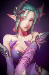 Rule 34 | 1girl, aqua hair, bare shoulders, breasts, bridal gauntlets, choker, cleavage, collarbone, dress, elbow gloves, gloves, gradient background, hair bun, hair ornament, light smile, lips, looking at viewer, medium breasts, mercy (overwatch), nezumi (tuboshu2013), no wings, nose, outstretched arm, overwatch, overwatch 1, pink lips, pink ribbon, pointy ears, purple dress, purple gloves, reaching, reaching towards viewer, red eyes, ribbon, ribbon choker, single hair bun, sleeveless, sleeveless dress, solo, sugar plum fairy mercy, upper body
