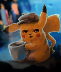 Rule 34 | blush stickers, brown eyes, clothed pokemon, commentary, creature, creatures (company), cup, detective pikachu, detective pikachu (character), detective pikachu (movie), english commentary, foxeaf, full body, game freak, gen 1 pokemon, hat, holding, holding cup, mug, nintendo, no humans, open mouth, pikachu, pokemon, pokemon (creature), realistic, solo