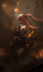 Rule 34 | 1girl, bare shoulders, belt, black dress, breasts, dress, flaming sword, flaming weapon, from side, hair ornament, highres, holding, holding sword, holding weapon, jewelry, large breasts, long hair, original, outdoors, pink hair, renatus.z, ring, side ponytail, sideboob, sleeveless, sleeveless dress, standing, sword, thighhighs, thighs, weapon, white belt