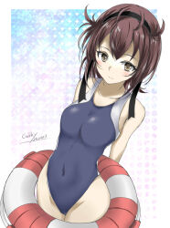 Rule 34 | 1girl, black headband, breasts, brown eyes, competition swimsuit, covered navel, cowboy shot, gakky, grey one-piece swimsuit, hair flaps, hatsuzuki (kancolle), headband, highres, kantai collection, lifebuoy, looking at viewer, medium breasts, official alternate costume, one-hour drawing challenge, one-piece swimsuit, short hair, solo, swim ring, swimsuit, yellow eyes