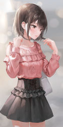 Rule 34 | 1girl, absurdres, bag, black choker, black skirt, braid, brown hair, choker, clothes tucked in, commentary request, copyright request, cowboy shot, hands up, highres, holding, holding hair, layered skirt, original, short hair, shoulder bag, side braid, skirt, solo, tokkyu