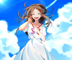Rule 34 | 1girl, = =, arm up, blue sky, brown hair, casual, closed eyes, cloud, cloudy sky, collarbone, commentary, commission, day, dress, facing viewer, feet out of frame, floating hair, flying teardrops, hair ornament, hairclip, hand in own hair, hand on own chest, hand on own head, happy tears, hisu (hiss 1107), kagerou project, lens flare, light rays, long hair, mixed-language commentary, neck ribbon, no scarf, official alternate costume, open mouth, outdoors, parted hair, puffy short sleeves, puffy sleeves, red ribbon, red trim, ribbon, short sleeves, sky, smile, solo, summertime record (vocaloid), sun, sunbeam, sunlight, tateyama ayano, tears, teeth, upper teeth only, white dress