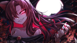 Rule 34 | 1girl, 33 gaff, animal ears, breasts, brooch, brown hair, cleavage, collarbone, colored inner hair, dress, fingernails, full moon, grin, imaizumi kagerou, jewelry, long fingernails, long hair, looking at viewer, medium breasts, moon, multicolored hair, nail polish, portrait, red eyes, red hair, red nails, sharp fingernails, smile, solo, touhou, white dress, wolf ears