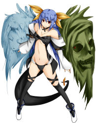 Rule 34 | 1girl, alternate breast size, angel wings, asymmetrical wings, bare shoulders, belt, black panties, black thighhighs, blue hair, breasts, center opening, choker, dizzy (guilty gear), dokkanohukukaityou, full body, groin, guilty gear, guilty gear x, guilty gear xx, hair between eyes, highres, long hair, long sleeves, low twintails, midriff, monster girl, navel, necro (guilty gear), panties, puffy long sleeves, puffy sleeves, red eyes, ribbon, sidelocks, small breasts, solo, stomach, tail, tail ornament, tail ribbon, thigh strap, thighhighs, thighs, twintails, underboob, underwear, undine (guilty gear), wings