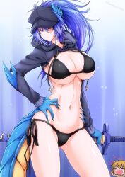 Rule 34 | 1girl, annes (g (genesis1556)), bikini, black bikini, blue background, blue eyes, blue hair, blue hat, breasts, cabbie hat, commentary request, cowboy shot, dragon girl, dragon horns, dragon tail, g (genesis1556), groin, hand on own hip, hat, highres, holding, holding sword, holding weapon, horns, large breasts, long hair, long sleeves, looking at viewer, navel, original, ponytail, scabbard, scar, scar across eye, sheath, sheathed, shrug (clothing), side-tie bikini bottom, solo, standing, stomach, swimsuit, sword, tail, thighs, weapon