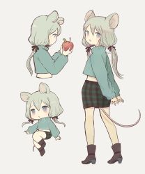 Rule 34 | 1girl, :d, animal ears, apple, aqua hair, aqua sweater, arms behind back, ayu (mog), black ribbon, boots, chibi, food, fruit, hair ribbon, highres, holding, holding food, holding fruit, long hair, long sleeves, looking back, low twintails, mouse ears, mouse girl, mouse tail, multiple views, open mouth, original, plaid, plaid skirt, profile, ribbon, signature, skirt, smile, sweater, tail, twintails, worm