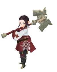 Rule 34 | 10s, 1girl, axe, battle axe, boots, brown hair, facing away, final fantasy, final fantasy xiv, full body, gloves, green eyes, highres, lalafell, long sleeves, looking at viewer, multicolored hair, nose, original, pants, pointy ears, red gloves, simple background, smile, solo, streaked hair, warrior of light (ff14), weapon, white background, wide sleeves, zhlink