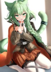 Rule 34 | 1girl, :d, absurdres, animal ears, arknights, belt, black footwear, black necktie, blush, braid, cape, cat ears, cat girl, cat tail, green eyes, green hair, harmonie (arknights), harmonie (invitation) (arknights), high heels, highres, holding, holding wand, long hair, long sleeves, looking at viewer, miniskirt, necktie, official alternate costume, open mouth, pantyhose, plaid, plaid skirt, pleated skirt, red cape, single braid, skirt, smile, sora mame (princess 0sora), tail, very long hair, wand, white pantyhose