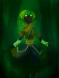 Rule 34 | 1girl, am24, blonde hair, blood, blood on face, bloody tears, creepy, crying, glowing, glowing eyes, green background, green eyes, green theme, highres, horror (theme), mizuhashi parsee, solo, touhou