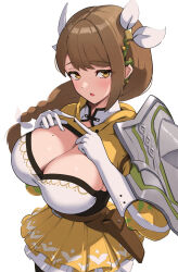 Rule 34 | 1girl, absurdres, braid, breasts, brown hair, cleavage, fingers together, fire emblem, fire emblem engage, from above, goldmary (fire emblem), gonzarez, highres, huge breasts, large breasts, looking at viewer, mole, mole on breast, nintendo, yellow eyes