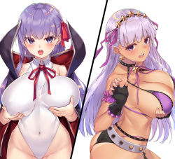 Rule 34 | 2girls, ass, bad id, bad pixiv id, bb (fate), bb (fate) (all), bb (swimsuit mooncancer) (fate), bikini, bikini top only, black gloves, blush, breasts, cape, collarbone, covered navel, earrings, fate/grand order, fate (series), fingerless gloves, gloves, grabbing own breast, hair ribbon, huge breasts, jewelry, leotard, long hair, looking at viewer, micro shorts, multiple girls, open mouth, purple bikini, purple eyes, purple hair, purple ribbon, red ribbon, ribbon, shorts, simple background, star (symbol), star earrings, suigetsu (hjs1106), swimsuit, tan, tanline, teeth, white background, white leotard