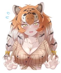 Rule 34 | 1girl, alternate costume, black hair, blush, bow, claw pose, collarbone, commentary request, crop top, esuyukichin, fangs, flying sweatdrops, hair bow, highres, jewelry, kemono friends, kemono friends 3, long hair, looking at viewer, multicolored hair, necklace, open mouth, orange hair, plaid, plaid bow, shirt, short sleeves, siberian tiger (kemono friends), simple background, solo, striped clothes, striped shirt, tied shirt, twintails, upper body, white background, white hair, yellow bow, yellow eyes