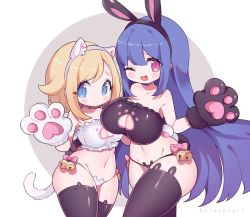 Rule 34 | 2girls, aliceyawnin, animal ear legwear, animal ears, animal hands, arm around back, artist name, bare shoulders, bell, black gloves, black hairband, black legwear, black panties, blonde hair, blue eyes, blue hair, blush, blush stickers, bow, bra, breasts, cameltoe, cat ear legwear, cat ear panties, cat ears, cat lingerie, cat tail, claire (clarevoir), cleavage cutout, closed mouth, clothing cutout, collarbone, commission, cowboy shot, creatures (company), fake animal ears, fake tail, fang, female focus, frilled bra, frills, game freak, gloria (pokemon), gloves, groin, hairband, hand up, happy, highres, jingle bell, jpeg artifacts, large breasts, long hair, looking at viewer, medium breasts, meme attire, multiple girls, navel, nintendo, one eye closed, open mouth, original, panties, paw gloves, paw print, pink bow, pink eyes, pokemon, pokemon swsh, rabbit ear legwear, rabbit ear panties, rabbit ears, rabbit tail, shiny clothes, shiny skin, short hair, sidelocks, simple background, skindentation, smile, standing, stomach, strapless, strapless bra, tail, thick thighs, thighhighs, thighs, tongue, twitter username, two-tone background, underwear, underwear only, very long hair, watermark, white background, white gloves, white hairband, white panties, wide hips, wink