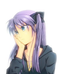 Rule 34 | 00s, 1girl, akefumi, bad id, bad pixiv id, blue eyes, expressionless, face, hair ribbon, head rest, hiiragi kagami, lucky star, purple hair, ribbon, simple background, solo, twintails