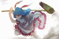 Rule 34 | 1girl, animal ears, artist name, bloomers, blue hair, blue shirt, blue skirt, bright pupils, commentary request, crescent print, earclip, feet out of frame, frilled skirt, frilled sleeves, frills, glowing, glowing eyes, grin, highres, holding, kine, long hair, looking at viewer, mallet, medium hair, one-hour drawing challenge, rabbit ears, rabbit girl, red eyes, running, seiran (touhou), shirt, short sleeves, short twintails, skirt, slit pupils, smile, solo, star (symbol), star print, touhou, twintails, underwear, white pupils, yodosaki nitsu