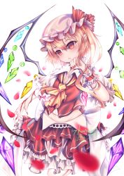 Rule 34 | 1girl, absurdres, ascot, blonde hair, blood, blood from mouth, blurry, crystal, depth of field, falling petals, flandre scarlet, frills, hat, highres, holding, mob cap, nail polish, one side up, petals, red eyes, red nails, simple background, slit pupils, solo, touhou, white background, white hat, wings, wrist cuffs, yellow ascot