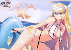 Rule 34 | absurdres, adapted costume, all fours, beach, belt, bikini, blonde hair, blue eyes, blue sky, breasts, chain, cleavage, closed mouth, day, fate/apocrypha, fate (series), flag, flower, headpiece, highres, innertube, jeanne d&#039;arc (fate), jeanne d&#039;arc (ruler) (fate), jeanne d&#039;arc (third ascension) (fate), large breasts, long hair, looking at viewer, navel, scan, sky, smile, solo, swim ring, swimsuit, thigh strap, tony taka, very long hair, white bikini
