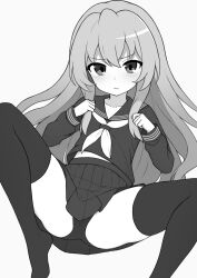 Rule 34 | 1girl, aisaka taiga, blush, collarbone, commentary, dot nose, english commentary, eyelashes, flat chest, foot out of frame, greyscale, hair between eyes, hands up, high-waist skirt, highres, knees up, long hair, long sleeves, lying, mikoscrub, monochrome, neckerchief, no shoes, on back, pleated skirt, sailor collar, school uniform, serafuku, simple background, skindentation, skirt, solo, thighs, toradora!, very long hair, wavy mouth