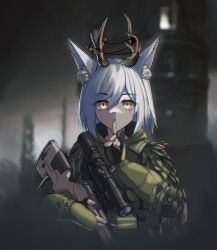 Rule 34 | 1girl, absurdres, animal ear fluff, animal ears, escape from tarkov, finger to mouth, fingerless gloves, fox ears, fox girl, ghillie suit, gloves, gun, highres, holding, holding gun, holding weapon, horns, looking at viewer, original, rifle, scope, short hair, shushing, sniper rifle, string, weapon, weimar 29, white hair, yellow eyes