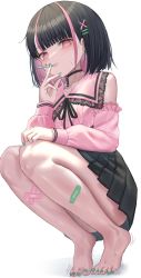 Rule 34 | 1girl, bandaid, bandaid on leg, bare shoulders, black hair, black skirt, blush, breasts, character request, check character, cigarette, ear piercing, green nails, hair ornament, highres, holding, holding cigarette, kei8987, looking at viewer, multicolored hair, nail polish, original, piercing, pink hair, pleated skirt, red eyes, short hair, skirt, small breasts, solo, toenail polish, toenails, two-tone hair