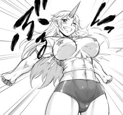 Rule 34 | 1girl, abs, alternate costume, breasts, breasts apart, bursting breasts, buruma, curvy, dr.p, exploding clothes, female focus, greyscale, grin, gym uniform, horns, hoshiguma yuugi, large breasts, long hair, monochrome, muscular, oni, outstretched arms, pasties, pointy ears, single horn, smile, solo, spread arms, torn clothes, touhou
