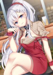 Rule 34 | arm at side, azur lane, belfast (azur lane), belfast (piping-hot perfection) (azur lane), blush, braid, breasts, brown shirt, chain, chair, cleavage, cleavage cutout, clothing cutout, collar, commentary request, crossed legs, day, dress, hand up, long hair, looking at viewer, metal collar, napkin holder, official alternate costume, ponytail, purple eyes, red dress, red scrunchie, scrunchie, shirt, short sleeves, sitting, solo, sugisaki yuu, table, very long hair, white hair, wrist cuffs